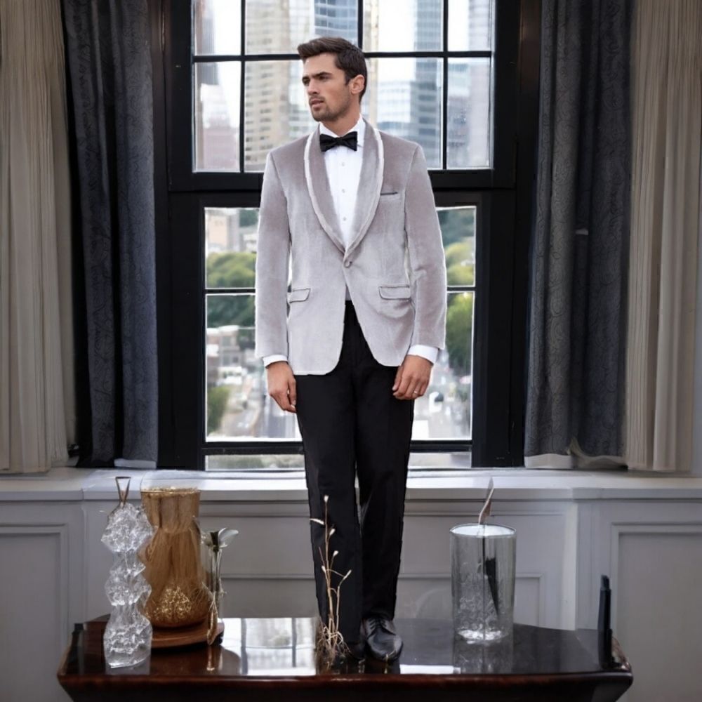 MEN'S ALLURE PLATINUM VELVET SHAWL LAPEL SLIM FIT DINNER JACKET 40R.